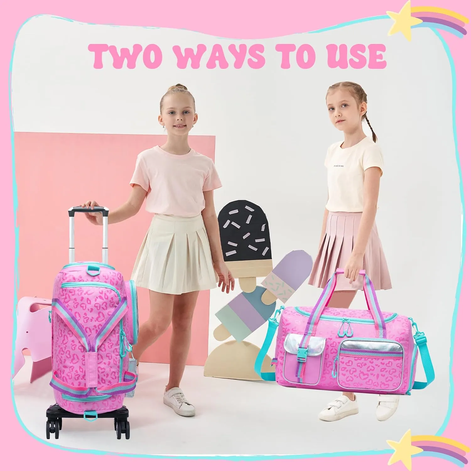 Girls Duffel Bag With Wheels - Travel Overnight Bag for Kids With Toiletry Bag, Rolling Dance Duffle With Shoe Compartment