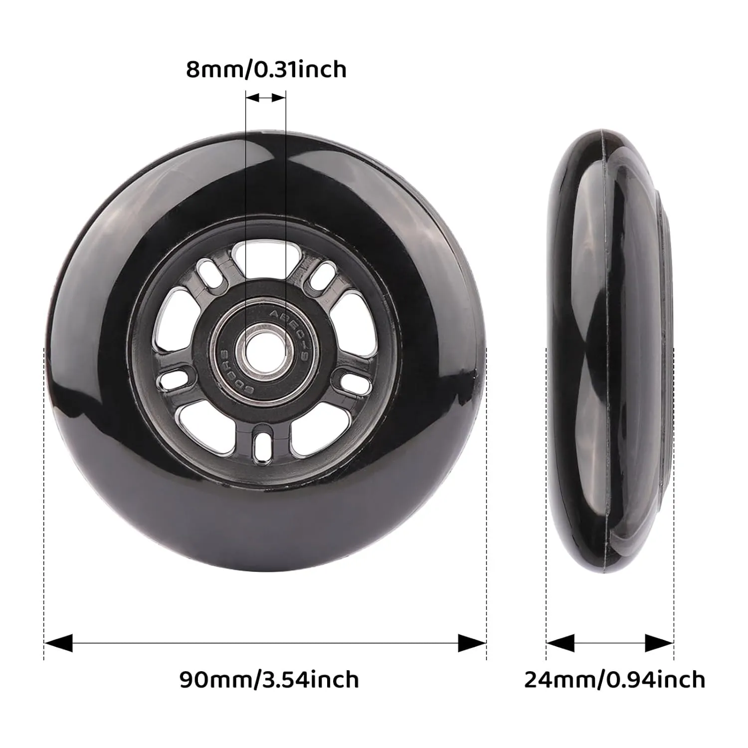 Gladder Luggage Suitcase Replacement Wheels Silent PU Caster Inline Wheels w/ABEC7 608-2RS Bearings 6mm Axles Washer Universal Repair Kit (90x24mm)