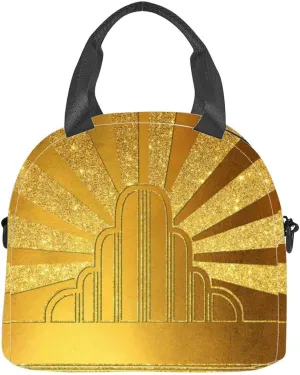 Glittery gold brass art copy space A representation rays light Insulated Adult Lunch Bag with Shoulder Strap for Women Lightweight Reusable Portable Freezable Lunch Tote Bag for Work Picnic