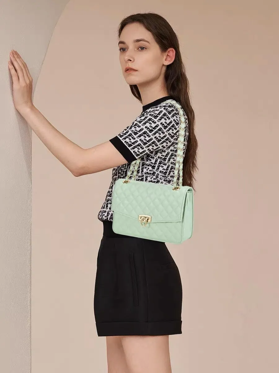 GM LIKKIE Quilted Shoulder Bag for Women, Medium Flap Crossbody Handbag with Chain Strap, Soft Vegan Leather Clutch Purse