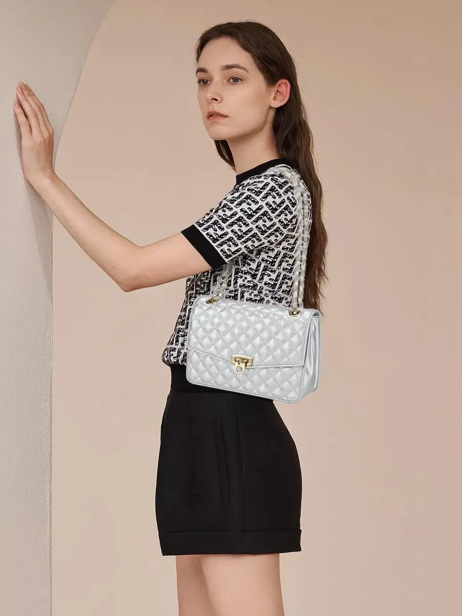 GM LIKKIE Quilted Shoulder Bag for Women, Medium Flap Crossbody Handbag with Chain Strap, Soft Vegan Leather Clutch Purse