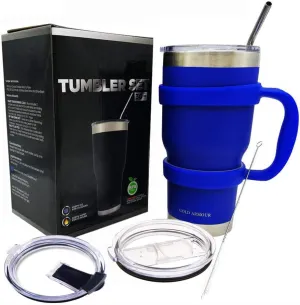 Gold Armour 30 oz Tumbler - 6 Piece Stainless Steel Insulated Water & Coffee Cup Tumbler with Straw, 2 Lids, Handle, Straw - 18/8 Double Vacuum Insulated Travel Flask (Blue)