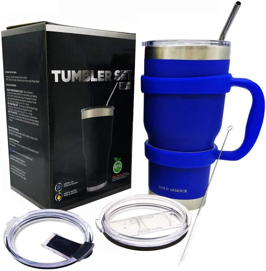 Gold Armour 30 oz Tumbler - 6 Piece Stainless Steel Insulated Water & Coffee Cup Tumbler with Straw, 2 Lids, Handle, Straw - 18/8 Double Vacuum Insulated Travel Flask (Blue)