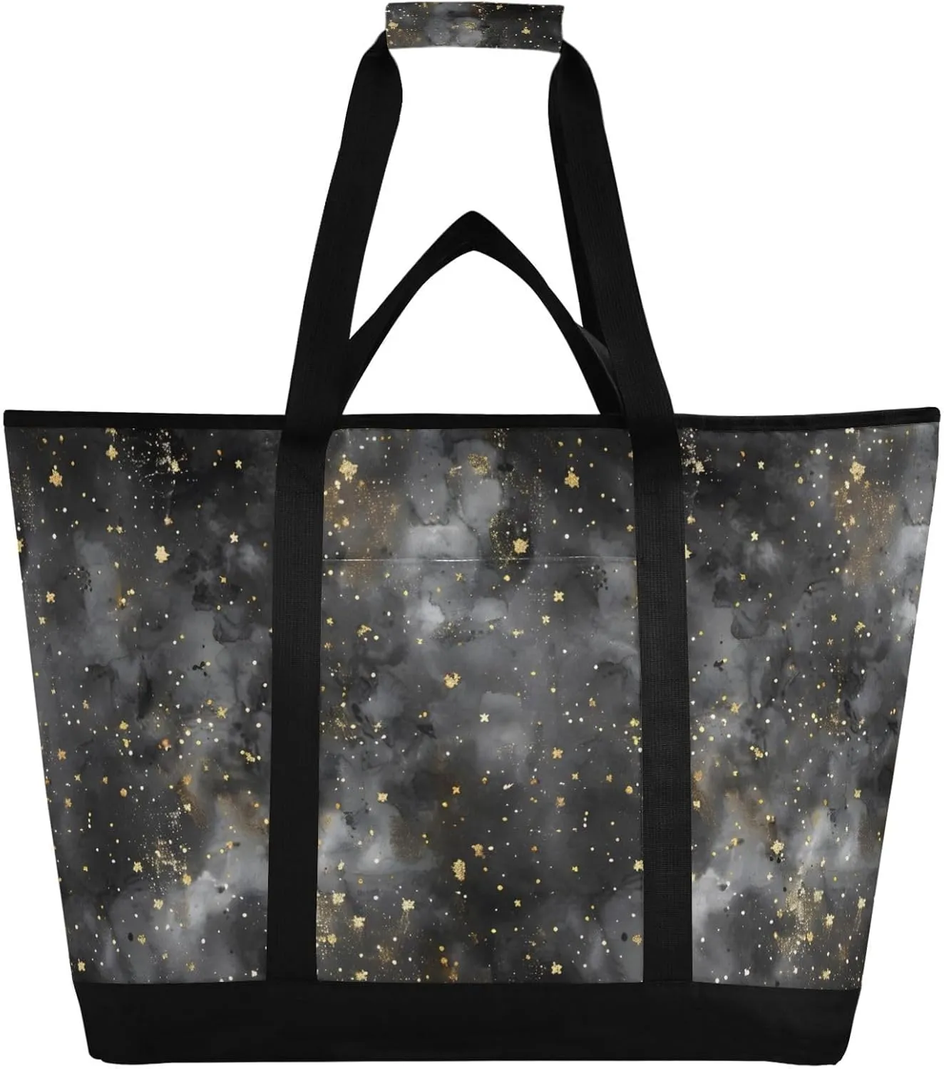 Gold Black Texture Large Insulated Reusable Tote Bag for Grocery Shopping for Women Men, Cooler Bag with Zippered Top & Handles for Travel Beach Picnic