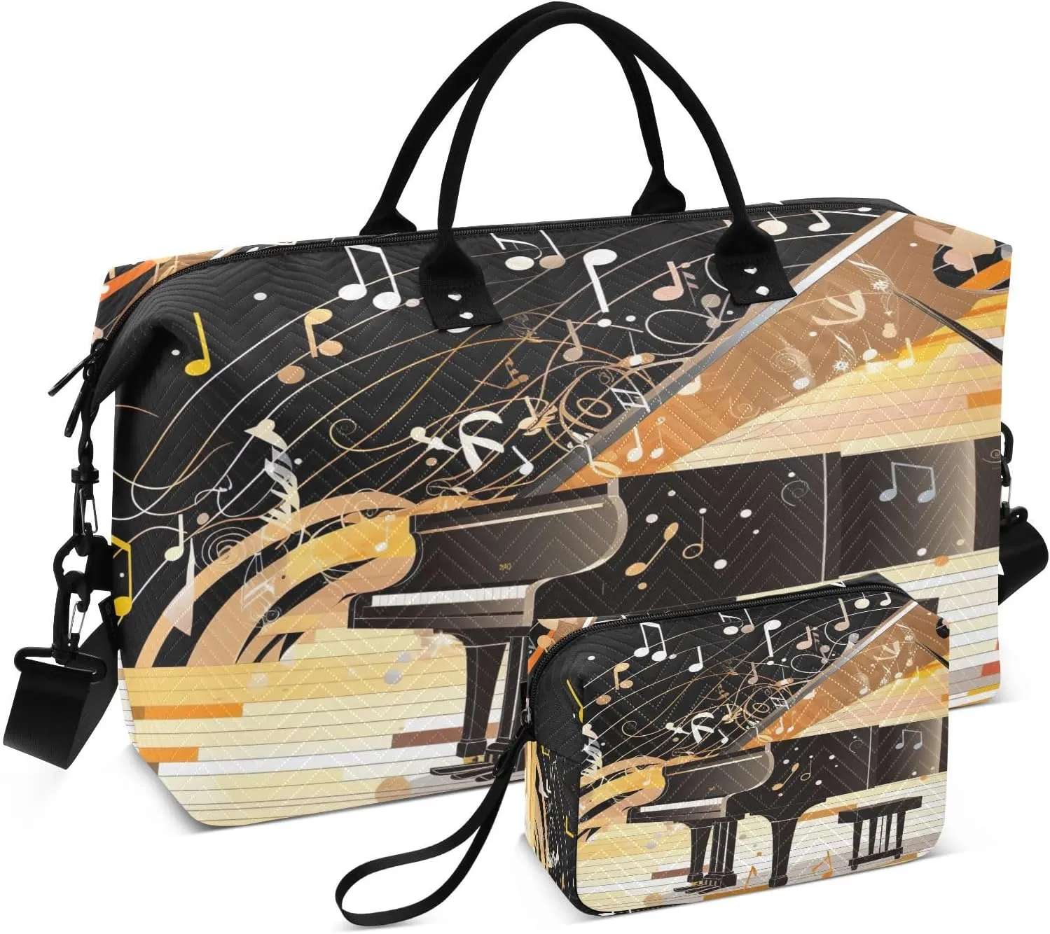 Golden Piano Notes Travel Duffel Bag with Toiletry Bag Weekender Bag for Carry on Sports Gym Bag for Gym Yoga Sports