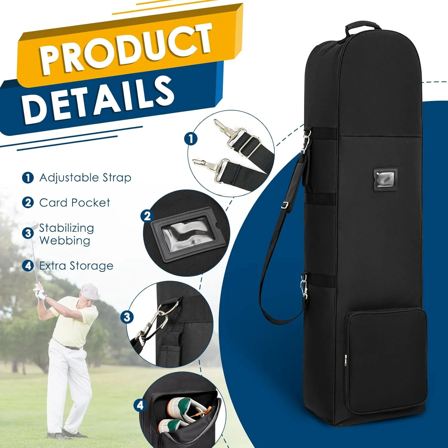 Golf Travel Bags for Airlines with Adjustable Support Rod and Detachable Shoulder Straps, Soft Foldable Golf Club Travel Covers, 900D Heavy Duty Oxford -Universal Size