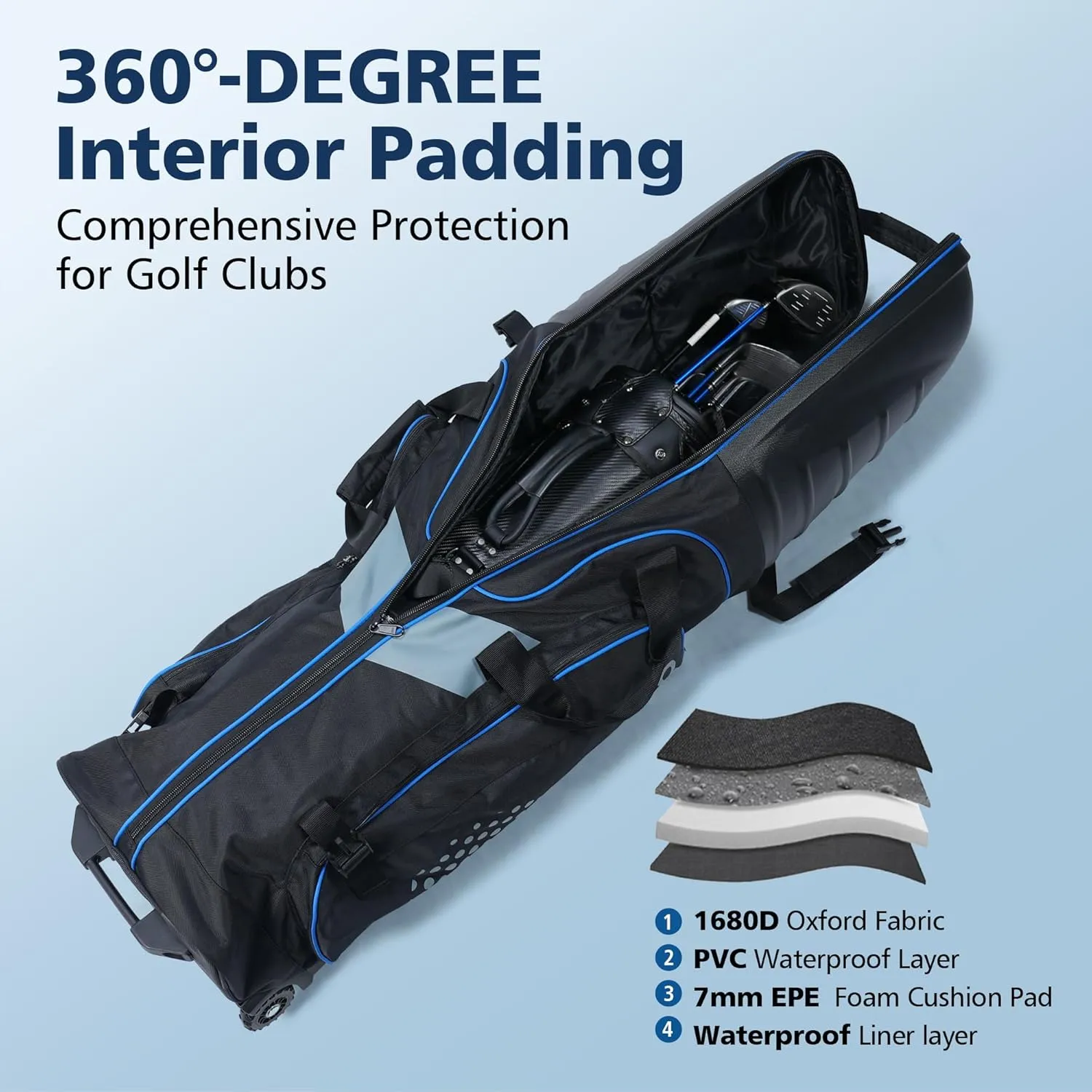Golf Travel Bags for Airlines with Wheels, Hard Case Top and 1680D Heavy Duty Oxford Protect Golf Clubs, Lightweight and Easy to Maneuver