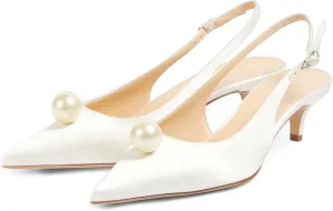 Goolita Pearl Kitten Heels for Women, Closed Pointed Toe Slingback Heels with Buckle Sexy Evening Party Wedding Pumps Shoes
