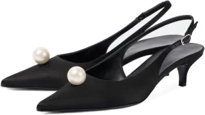 Goolita Pearl Kitten Heels for Women, Closed Pointed Toe Slingback Heels with Buckle Sexy Evening Party Wedding Pumps Shoes