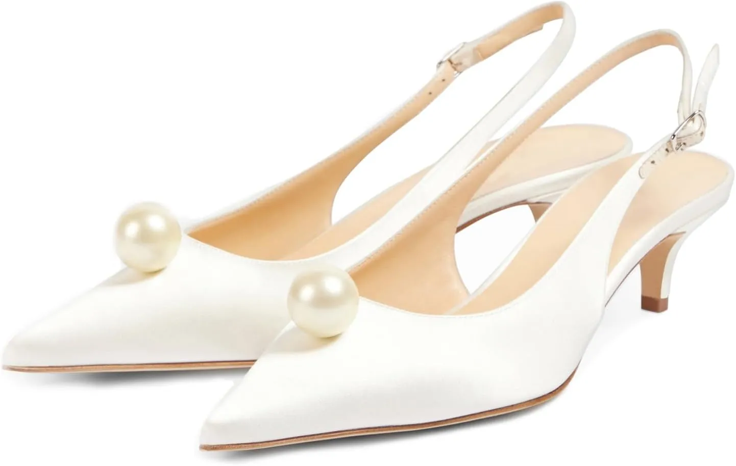 Goolita Pearl Kitten Heels for Women, Closed Pointed Toe Slingback Heels with Buckle Sexy Evening Party Wedding Pumps Shoes
