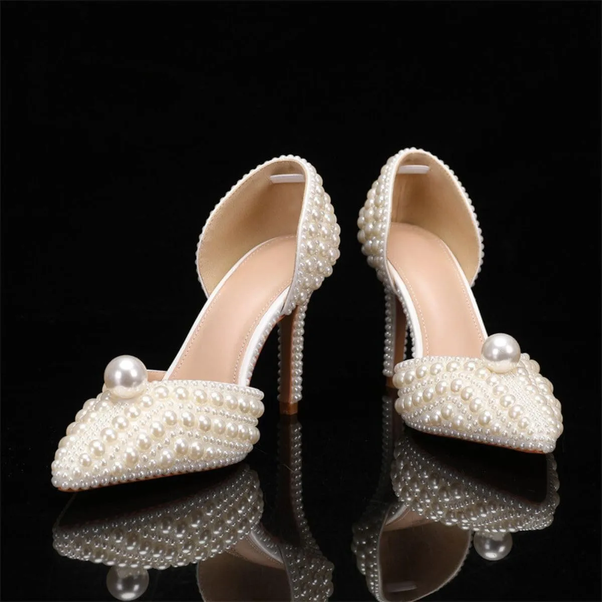 Goolita Women's Closed Pointed Toe Full Pearl Heels D'Orsay Pumps Stiletto High Heels Slip On Evening Bridal Shoes for Wedding