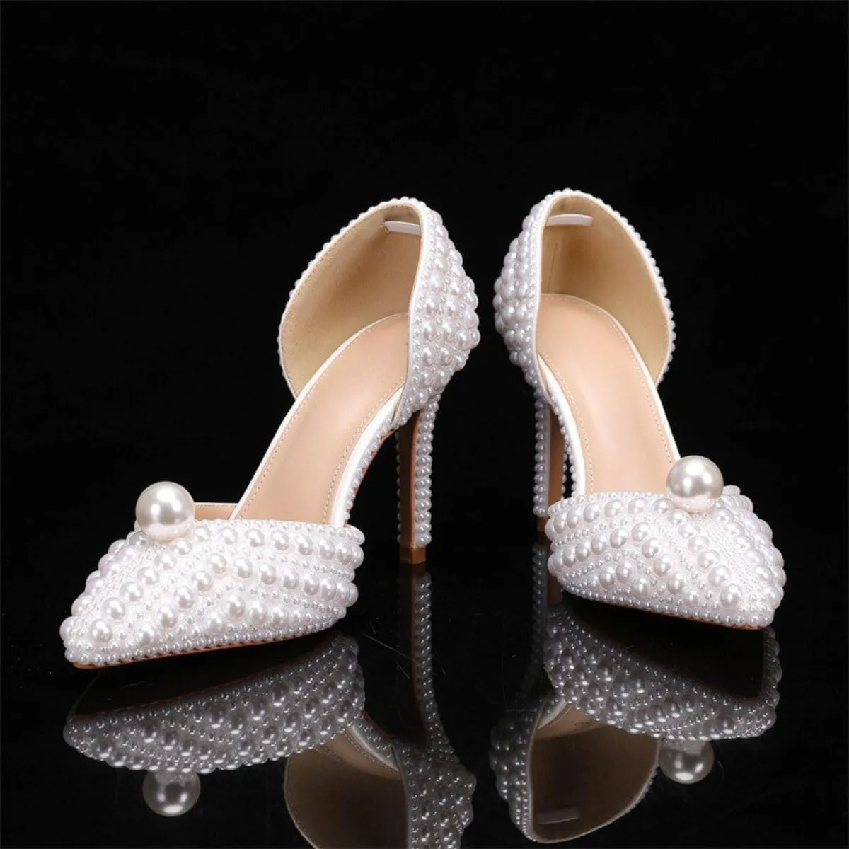 Goolita Women's Closed Pointed Toe Full Pearl Heels D'Orsay Pumps Stiletto High Heels Slip On Evening Bridal Shoes for Wedding