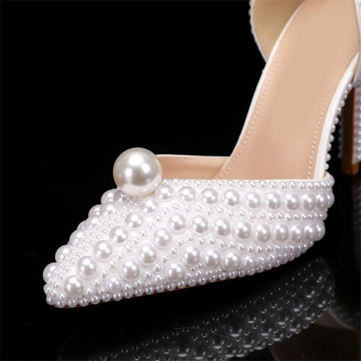 Goolita Women's Closed Pointed Toe Full Pearl Heels D'Orsay Pumps Stiletto High Heels Slip On Evening Bridal Shoes for Wedding