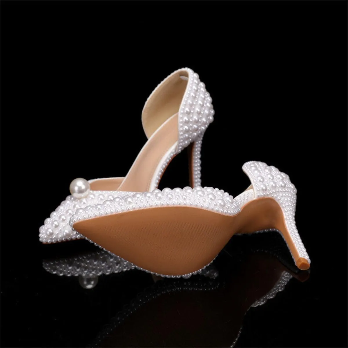 Goolita Women's Closed Pointed Toe Full Pearl Heels D'Orsay Pumps Stiletto High Heels Slip On Evening Bridal Shoes for Wedding