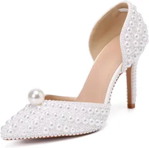 Goolita Women's Closed Pointed Toe Full Pearl Heels D'Orsay Pumps Stiletto High Heels Slip On Evening Bridal Shoes for Wedding