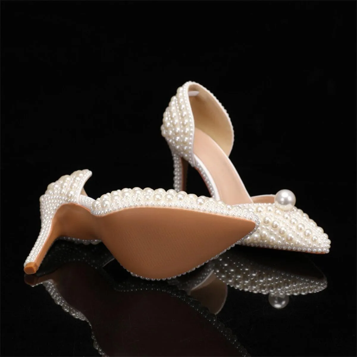 Goolita Women's Closed Pointed Toe Full Pearl Heels D'Orsay Pumps Stiletto High Heels Slip On Evening Bridal Shoes for Wedding