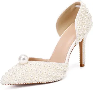 Goolita Women's Closed Pointed Toe Full Pearl Heels D'Orsay Pumps Stiletto High Heels Slip On Evening Bridal Shoes for Wedding