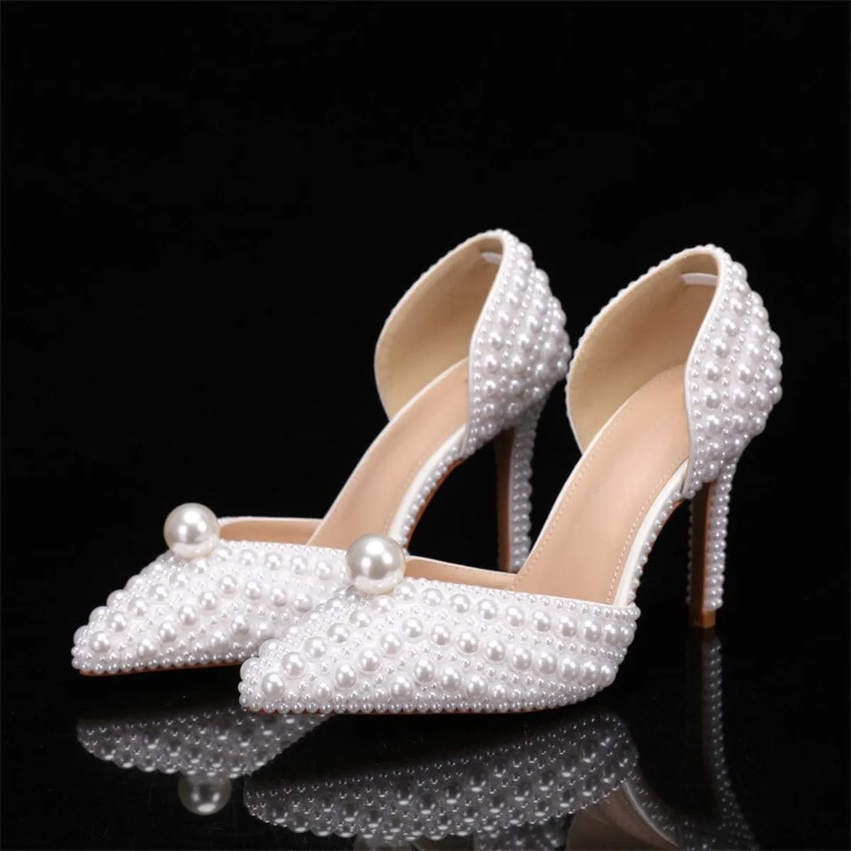 Goolita Women's Closed Pointed Toe Full Pearl Heels D'Orsay Pumps Stiletto High Heels Slip On Evening Bridal Shoes for Wedding