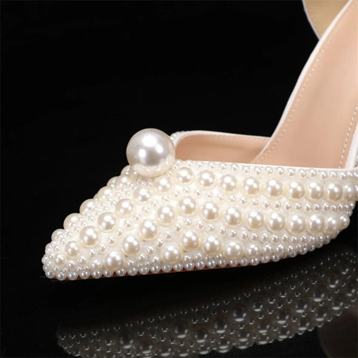 Goolita Women's Closed Pointed Toe Full Pearl Heels D'Orsay Pumps Stiletto High Heels Slip On Evening Bridal Shoes for Wedding