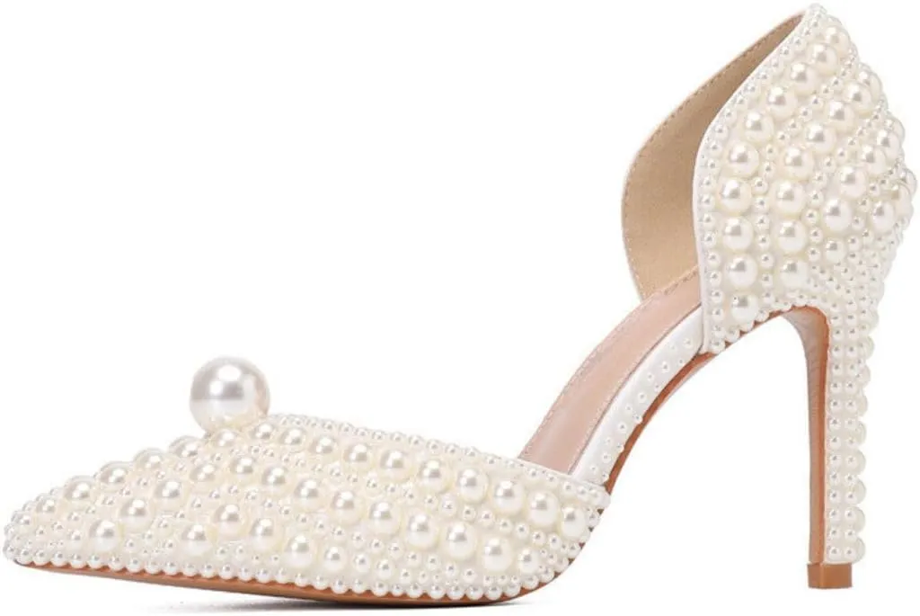 Goolita Women's Closed Pointed Toe Full Pearl Heels D'Orsay Pumps Stiletto High Heels Slip On Evening Bridal Shoes for Wedding