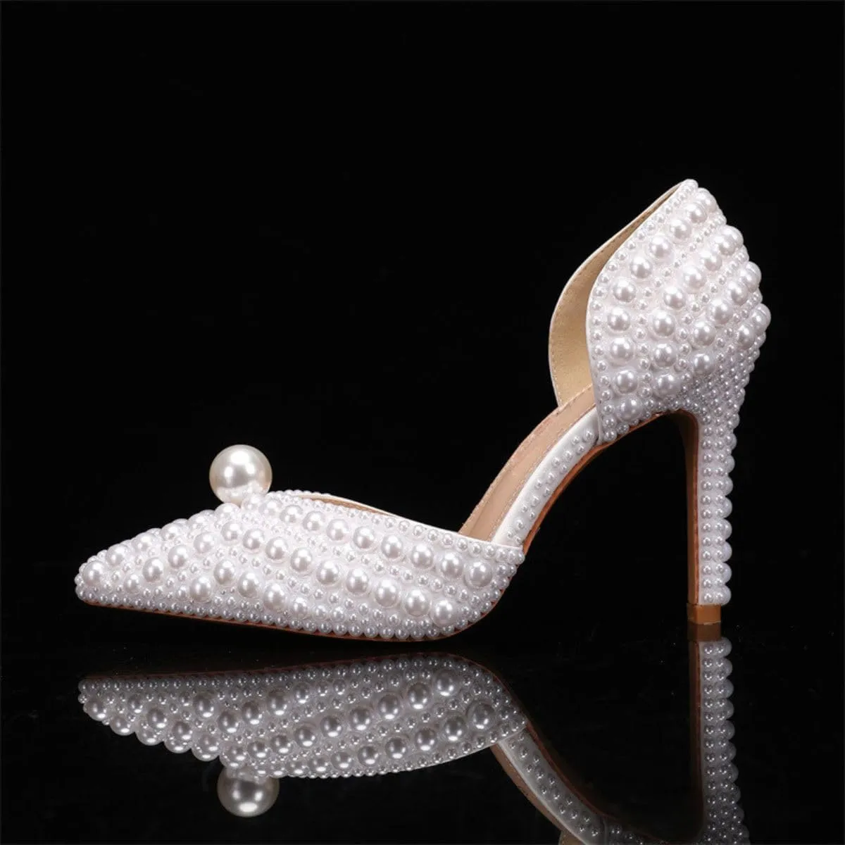 Goolita Women's Closed Pointed Toe Full Pearl Heels D'Orsay Pumps Stiletto High Heels Slip On Evening Bridal Shoes for Wedding