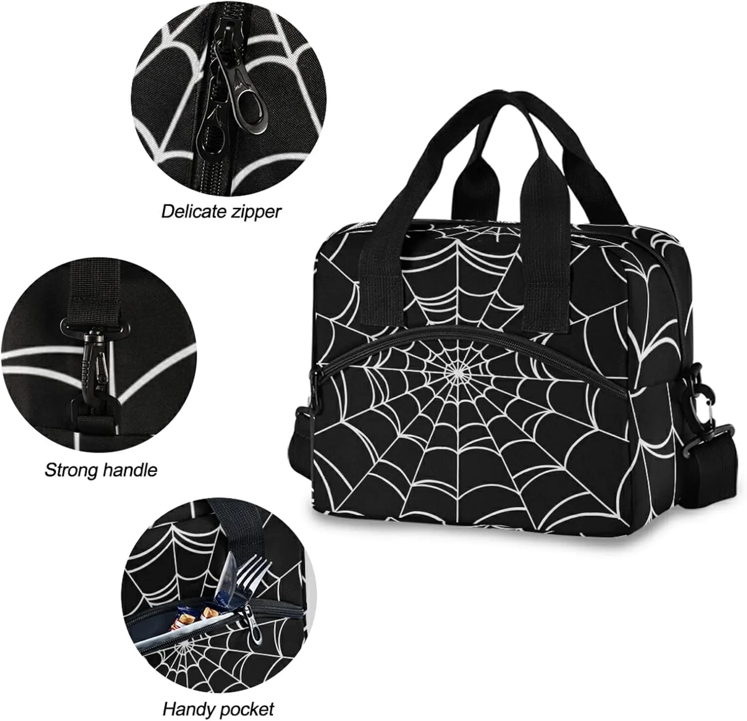 Goth Spider Web Insulated Lunch Bag Reusable Lunch Tote Bag Cooler Bag for Women Men Adult Lunch Box with Adjustable Shoulder Strap Leakproof Lunch Bag for Work School Picnic Camping