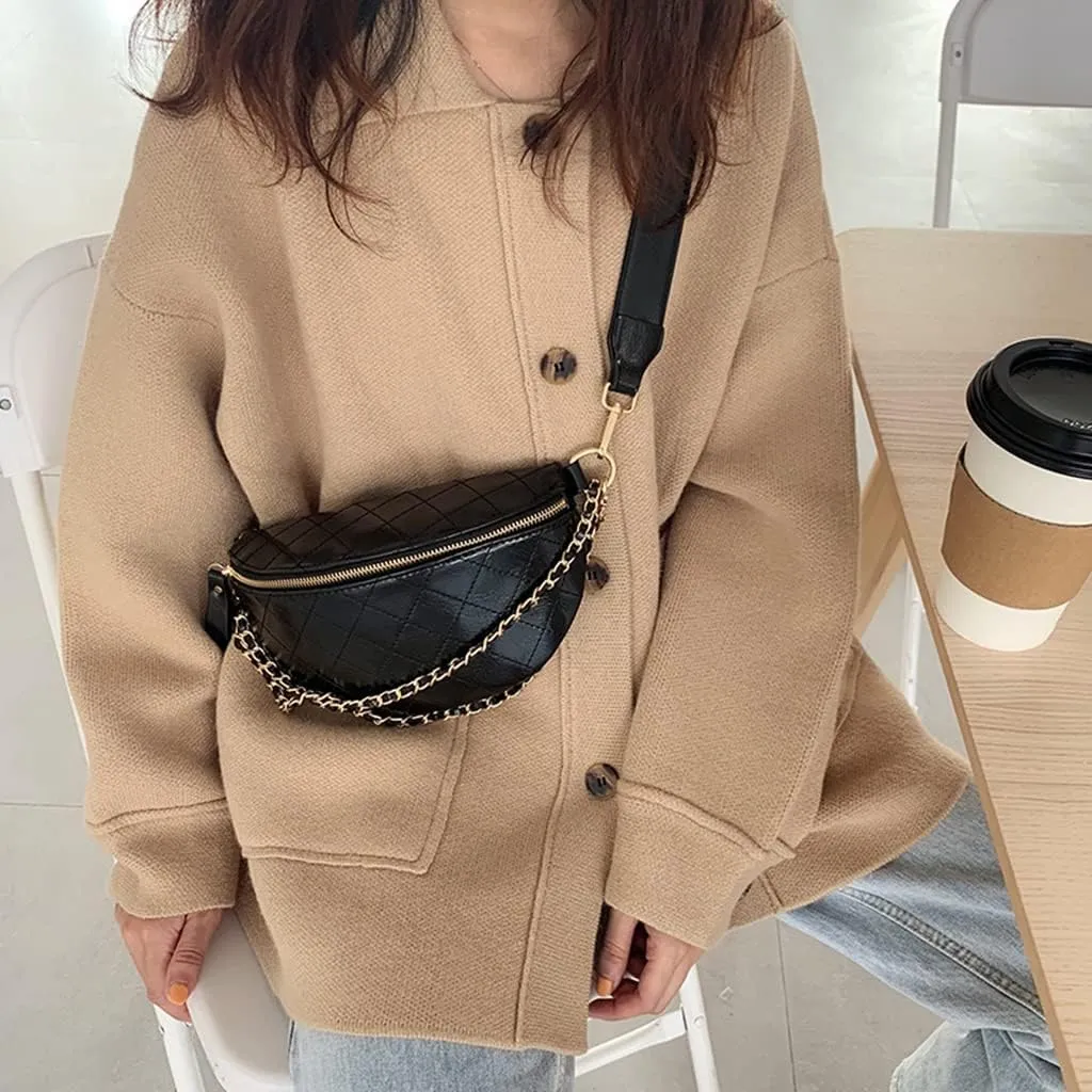 GRPKSSIB Women's Chest Bag PU Leather Handbag Crossbody Shoulder Bag Quilted Purse Fashion