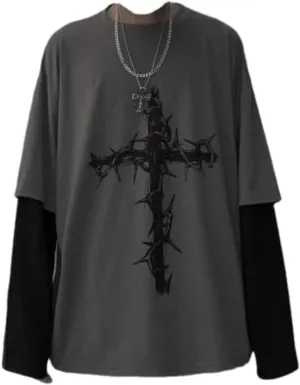 Grunge Gothic Clothes Harajuku Fashion Alt Emo Clothing Oversized Casual Long Sleeves Crewneck T-Shirt Tee Streetwear (M, Grey)