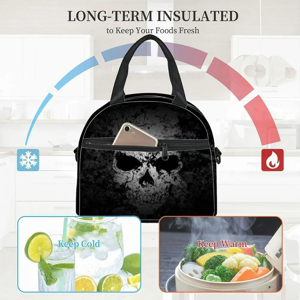 Grunge Skull Dark Insulated Adult Lunch Bag with Shoulder Strap for Women Lightweight Reusable Portable Freezable Lunch Tote Bag for Work Picnic