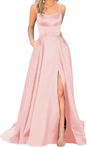 GUKARLEED Women's Satin Prom Dresses Long Formal Dress Evening Party Spaghetti Straps Backless Slit Ball Gown with Pockets
