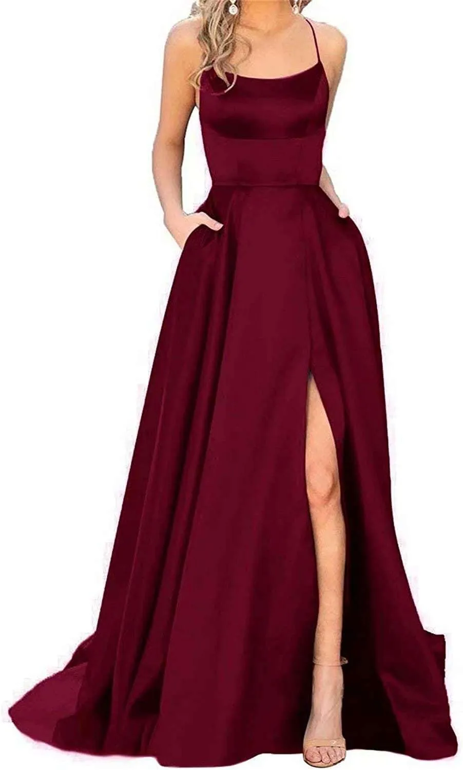 GUKARLEED Women's Satin Prom Dresses Long Formal Dress Evening Party Spaghetti Straps Backless Slit Ball Gown with Pockets