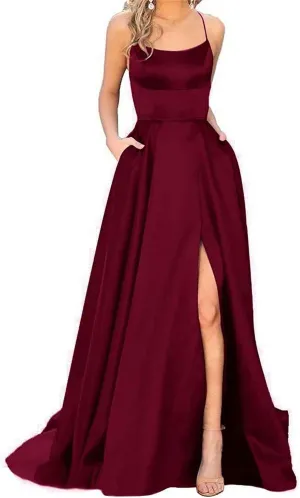 GUKARLEED Women's Satin Prom Dresses Long Formal Dress Evening Party Spaghetti Straps Backless Slit Ball Gown with Pockets