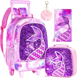 gxtvo Rolling Backpack for Girls, Roller Wheels Kids Bookbag - Wheeled Suitcase Elementary Sequin School Bag - 3PCS Mermaid