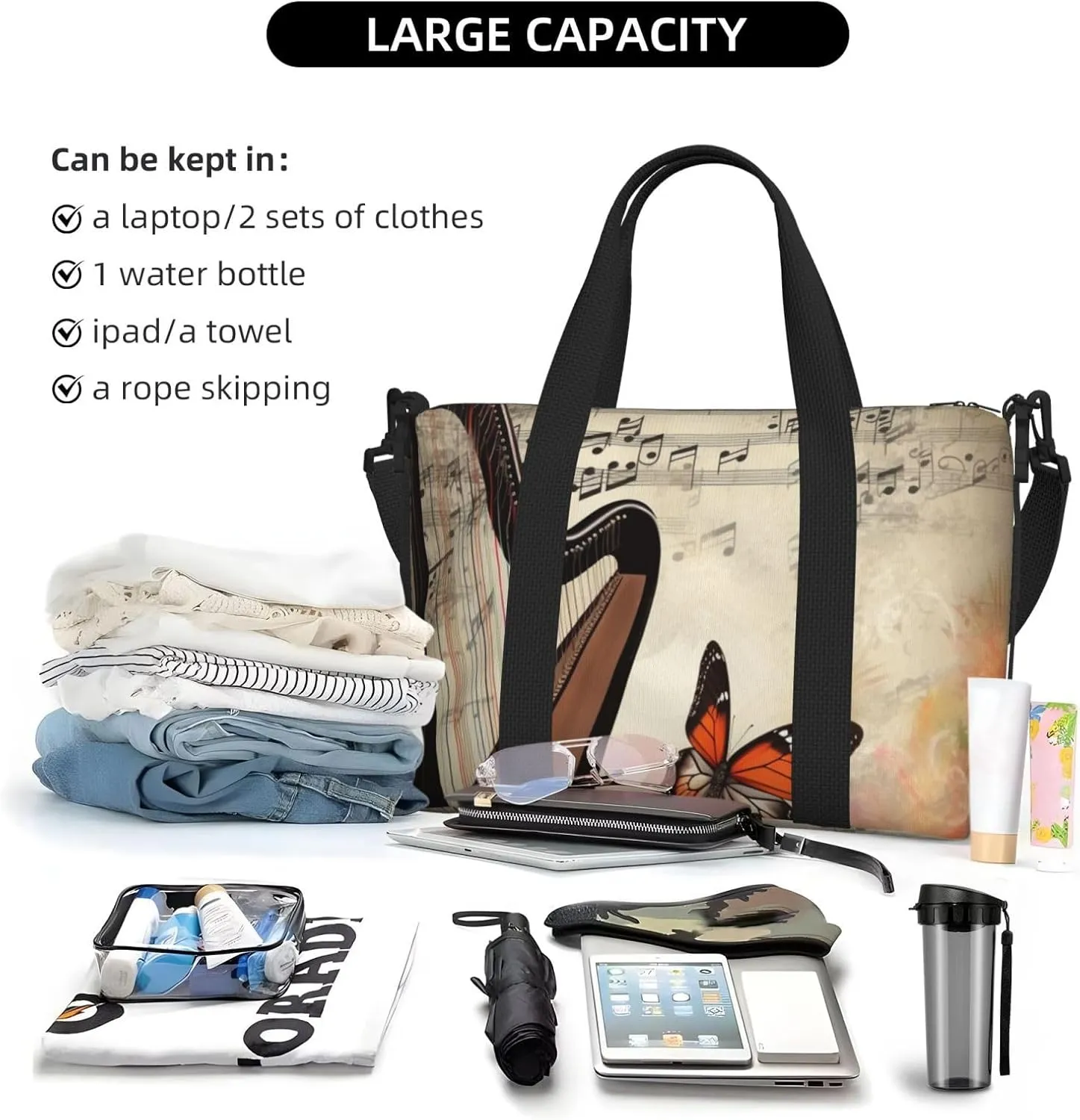 Gym Bag Butterfly Harp Duffel Bag for Men Women Travel Overnight Bag with Shoe Compartment Workout Bags