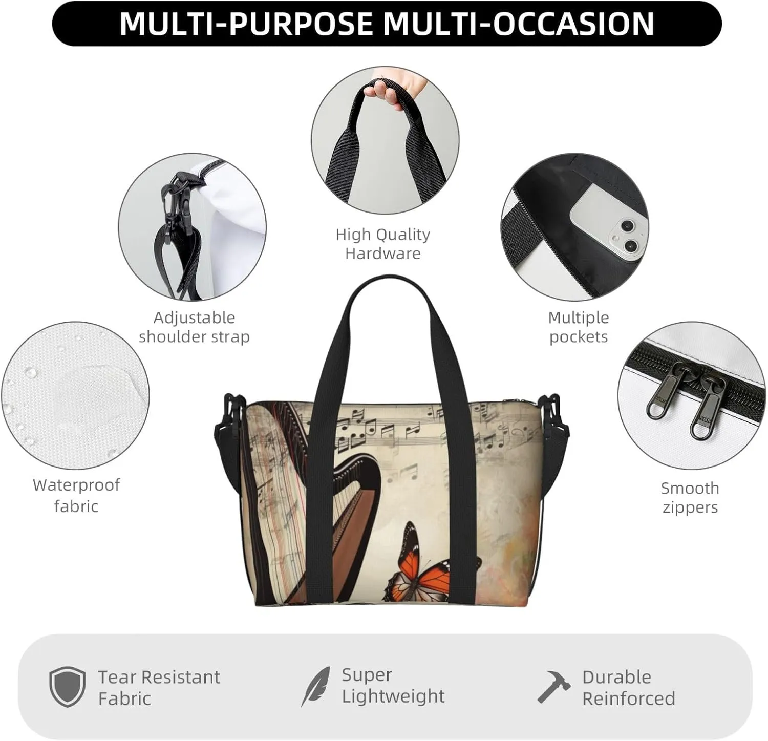 Gym Bag Butterfly Harp Duffel Bag for Men Women Travel Overnight Bag with Shoe Compartment Workout Bags