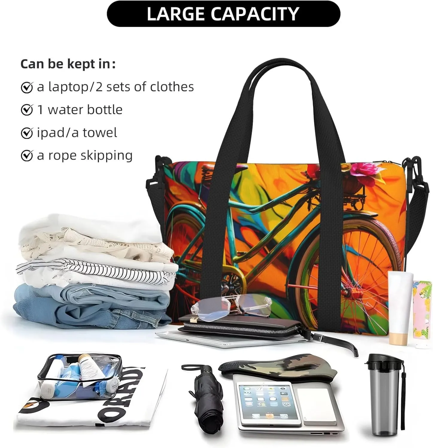 Gym Bag Colorful bicycle Duffel Bag for Men Women Travel Overnight Bag with Shoe Compartment Workout Bags
