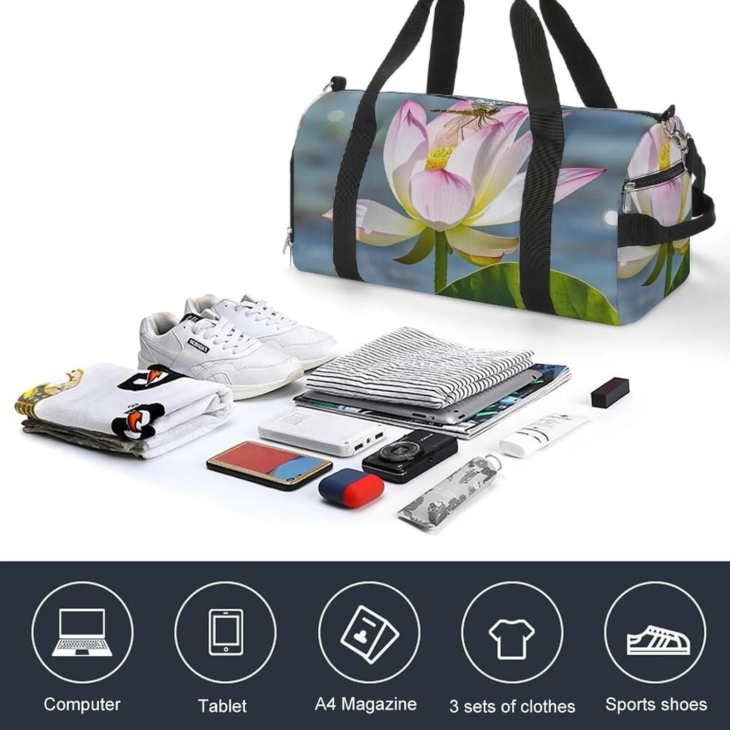 Gym Bag Flower And Dragonfly Duffel Bag for Men Women Travel Overnight Bag with Shoe Compartment Workout Bags