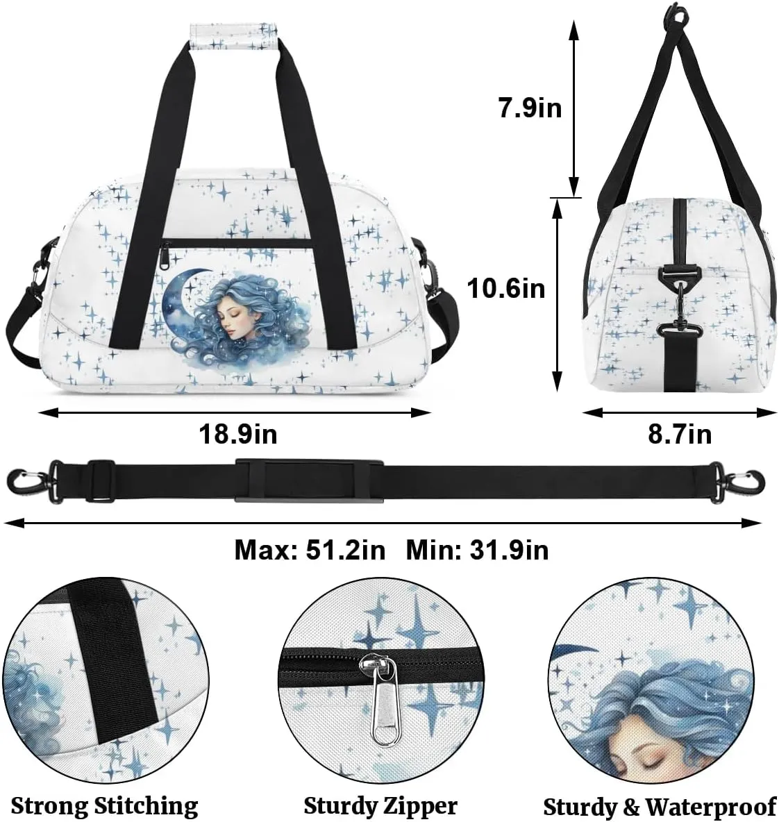 Gym Bag for Kids Girls, Girl Moon Stars Blue Small Duffel Bag with Padded Handles Carry On Weekend Travel Bag for School Practice Ball Games