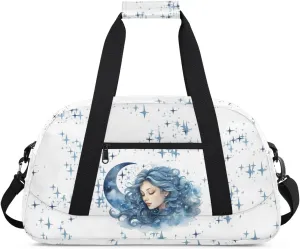 Gym Bag for Kids Girls, Girl Moon Stars Blue Small Duffel Bag with Padded Handles Carry On Weekend Travel Bag for School Practice Ball Games