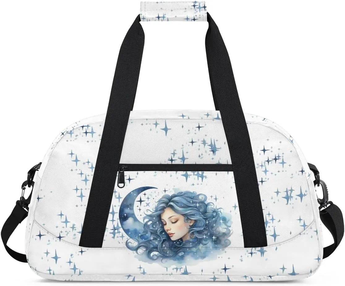 Gym Bag for Kids Girls, Girl Moon Stars Blue Small Duffel Bag with Padded Handles Carry On Weekend Travel Bag for School Practice Ball Games