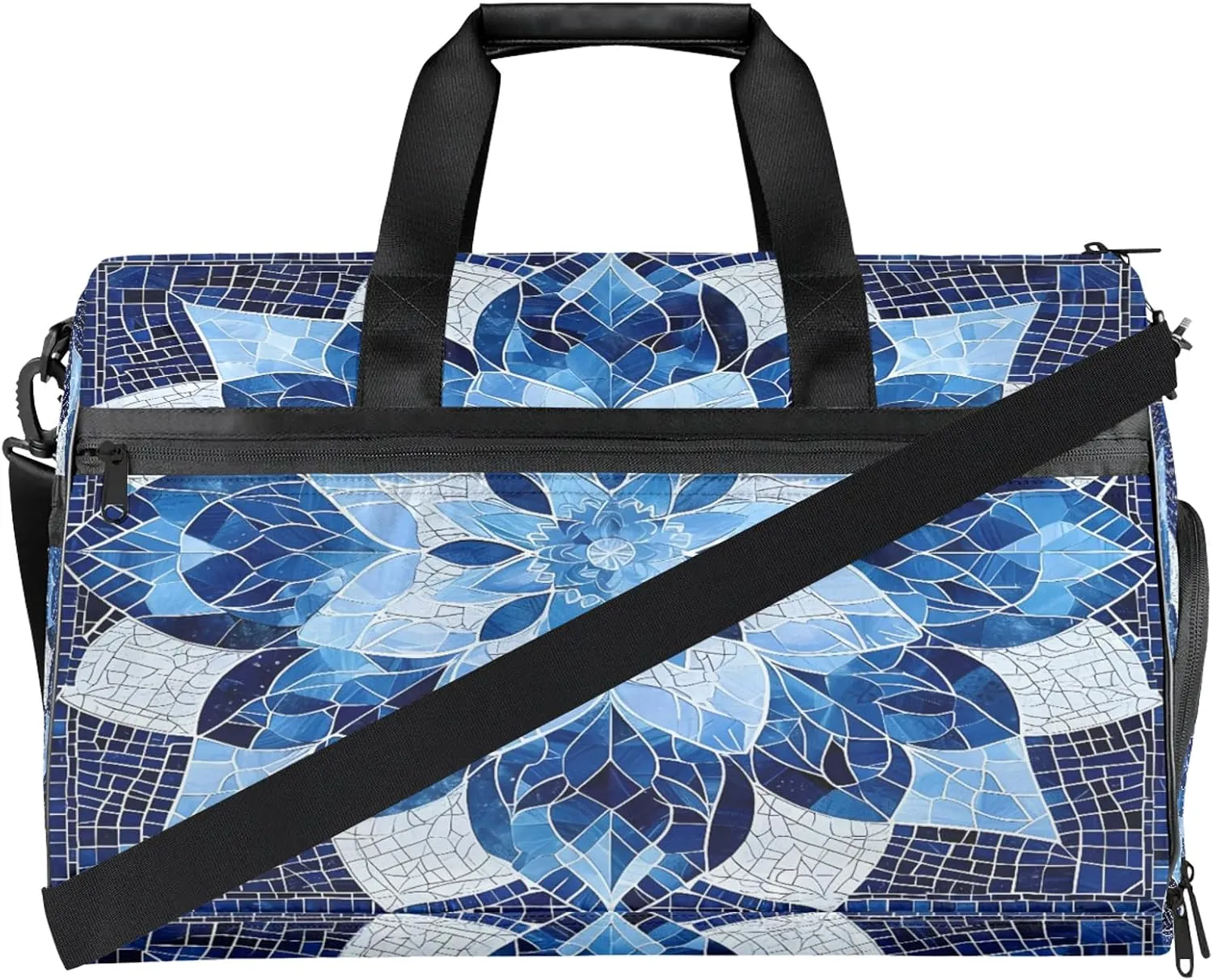 Gym Bag for Women Men Blue Ethnic Texture Travel Duffle Bag with Shoe Compartment Waterproof Sports Tote Bags Large Overnight Weekender Bags for Travel Swimming Gym Yoga Dance