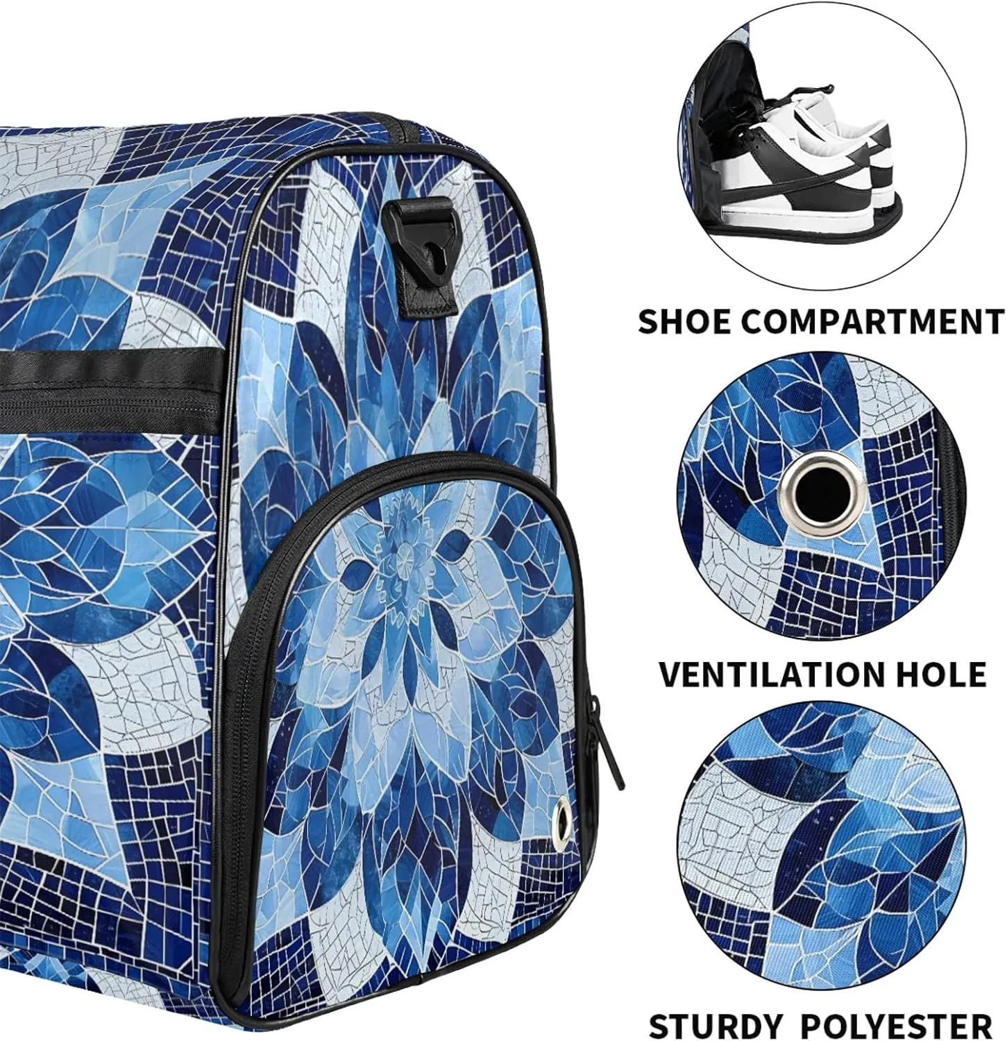 Gym Bag for Women Men Blue Ethnic Texture Travel Duffle Bag with Shoe Compartment Waterproof Sports Tote Bags Large Overnight Weekender Bags for Travel Swimming Gym Yoga Dance