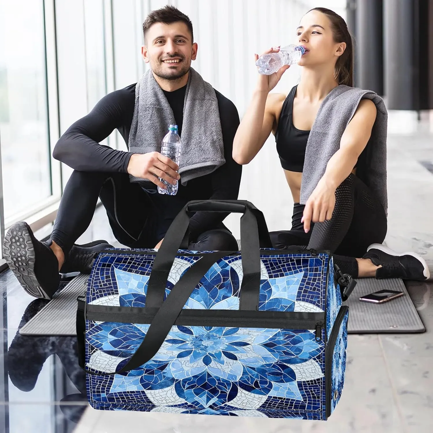 Gym Bag for Women Men Blue Ethnic Texture Travel Duffle Bag with Shoe Compartment Waterproof Sports Tote Bags Large Overnight Weekender Bags for Travel Swimming Gym Yoga Dance