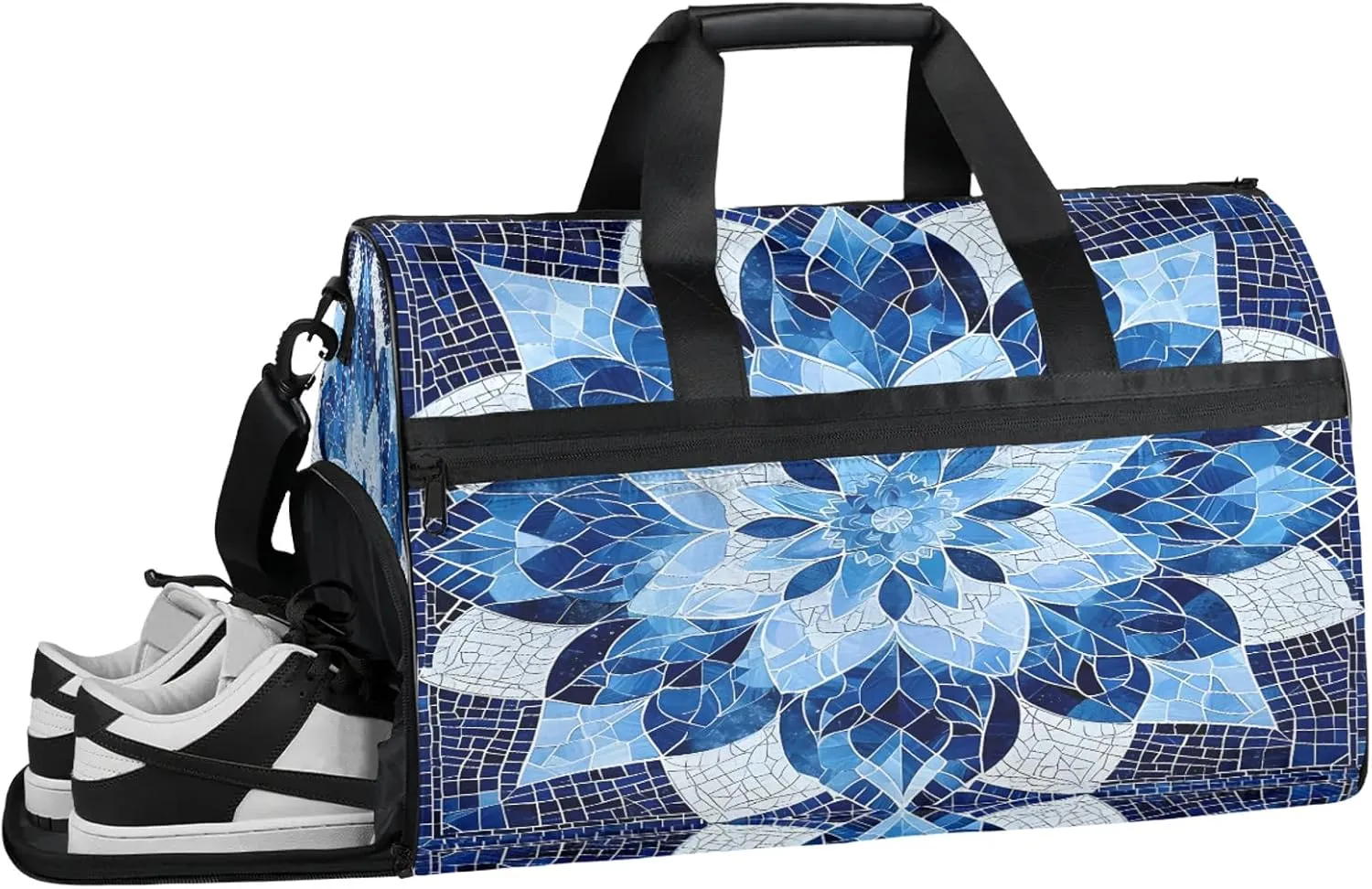 Gym Bag for Women Men Blue Ethnic Texture Travel Duffle Bag with Shoe Compartment Waterproof Sports Tote Bags Large Overnight Weekender Bags for Travel Swimming Gym Yoga Dance