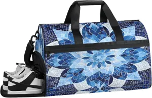 Gym Bag for Women Men Blue Ethnic Texture Travel Duffle Bag with Shoe Compartment Waterproof Sports Tote Bags Large Overnight Weekender Bags for Travel Swimming Gym Yoga Dance