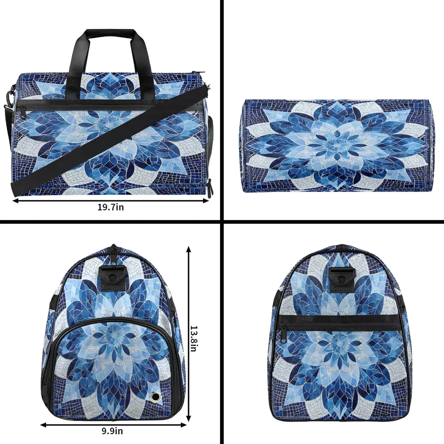 Gym Bag for Women Men Blue Ethnic Texture Travel Duffle Bag with Shoe Compartment Waterproof Sports Tote Bags Large Overnight Weekender Bags for Travel Swimming Gym Yoga Dance