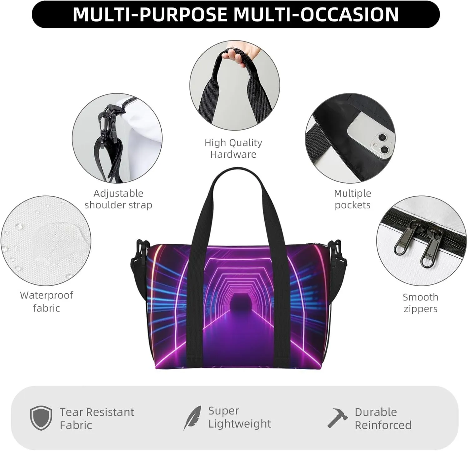 Gym Bag Neon Lights Tunnel Duffel Bag for Men Women Travel Overnight Bag with Shoe Compartment Workout Bags