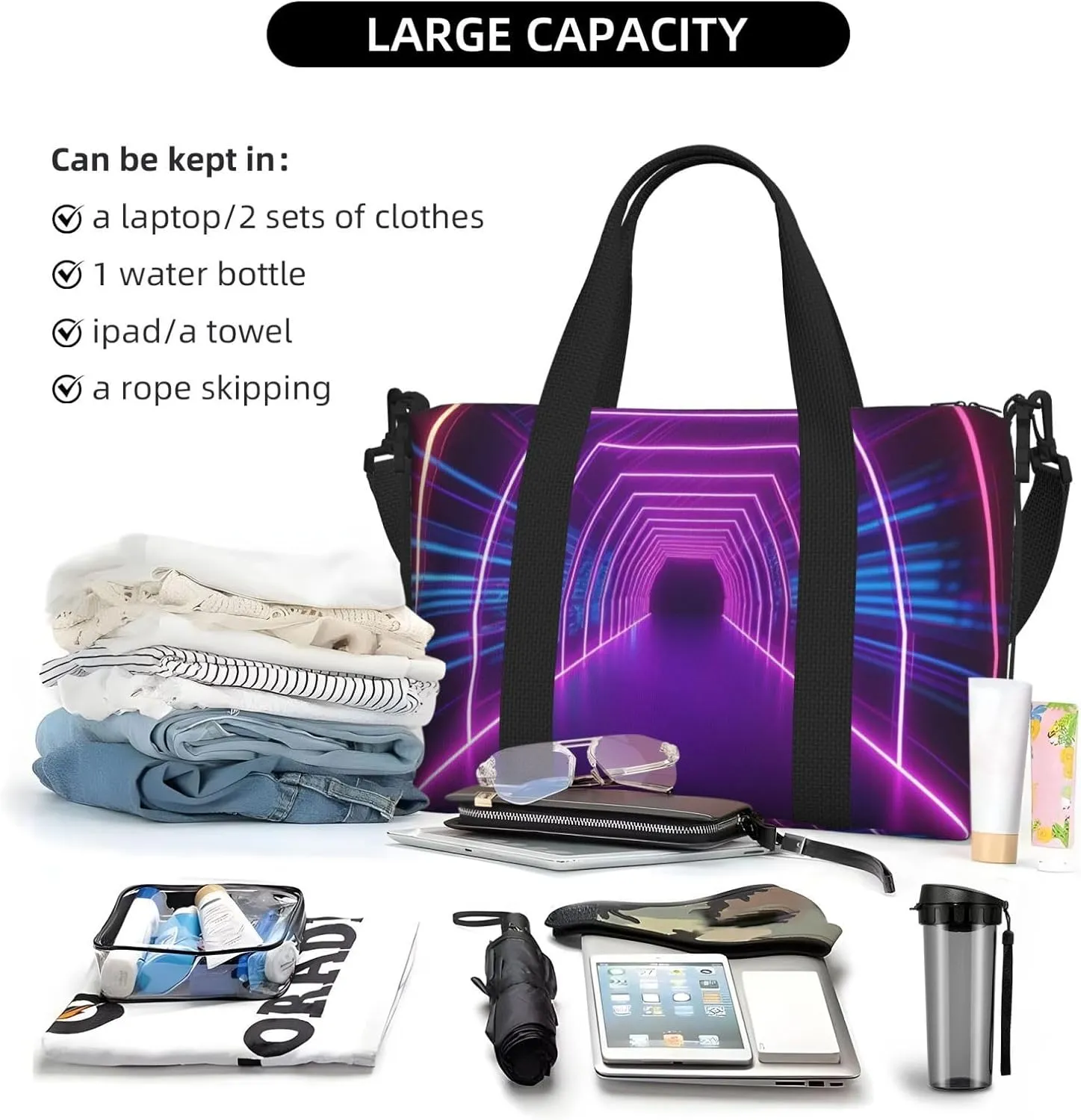 Gym Bag Neon Lights Tunnel Duffel Bag for Men Women Travel Overnight Bag with Shoe Compartment Workout Bags