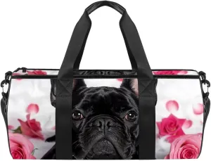 Gym Bags for Men,Travel Duffel Bags for Women,Dogs French Bulldog Rose Petal,Workout Bag