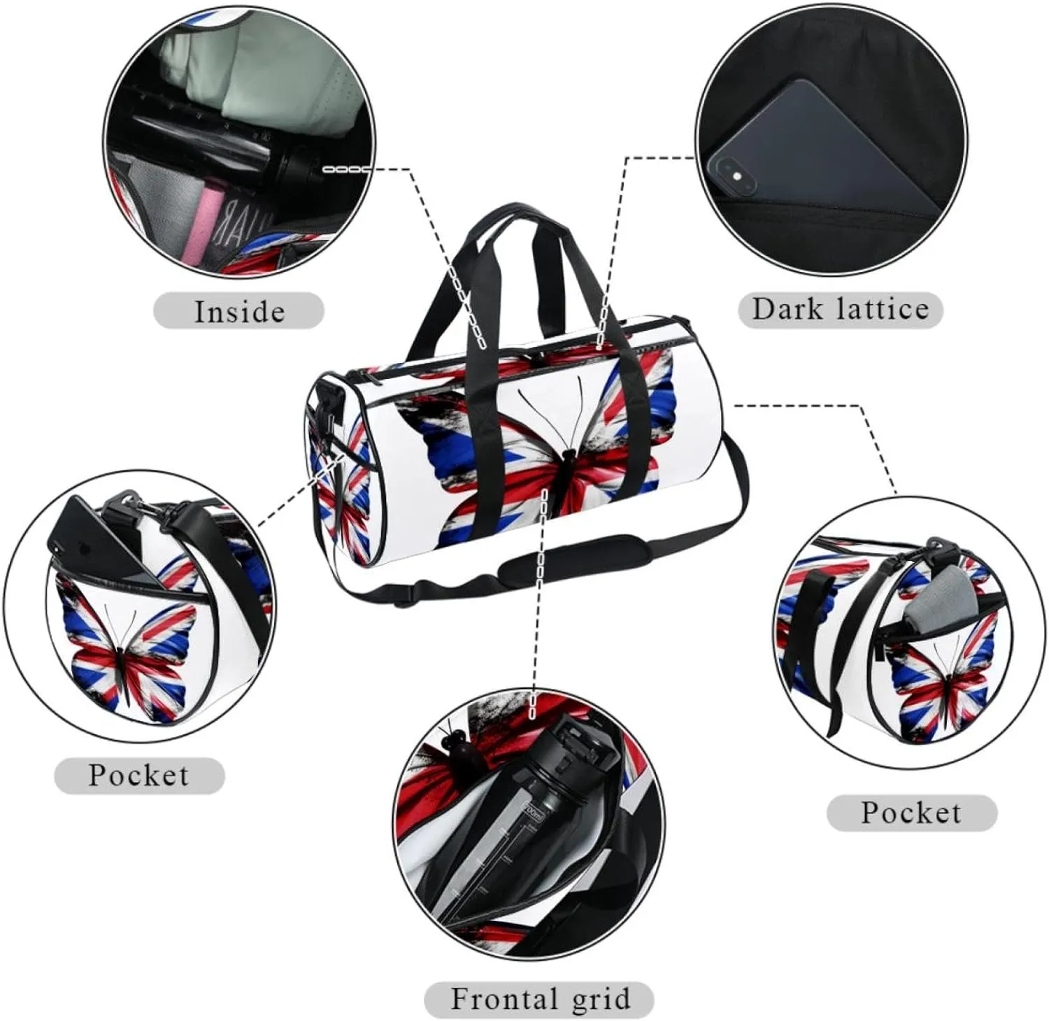 Gym Bags for Women,Duffle Bag for Travel,British Flag Butterfly Flying,Gym Bag for Men